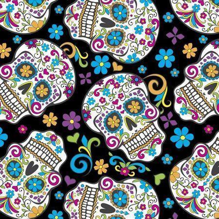 Folkloric Skulls schwarz Baumwolle David Textiles - Tollpatsch Stoffe und Handmade
